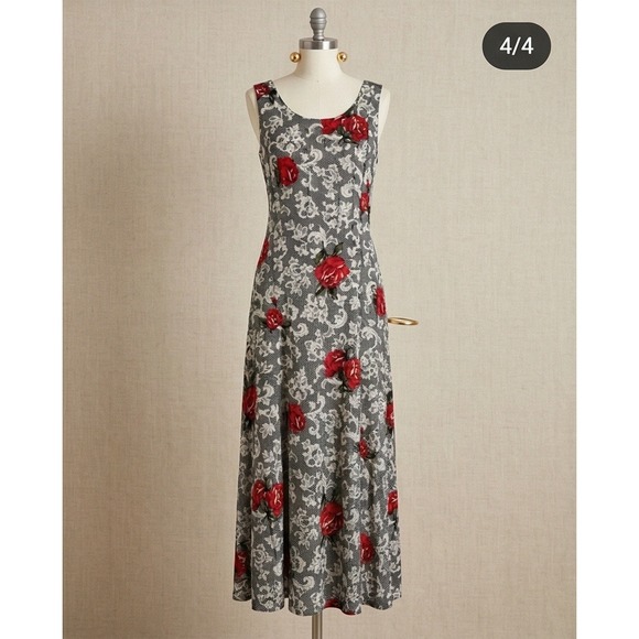 Expressions Dresses & Skirts - Expressions 14 Vintage Maxi Dress Red Rose Lace Print Sleeveless Rayon Y2K